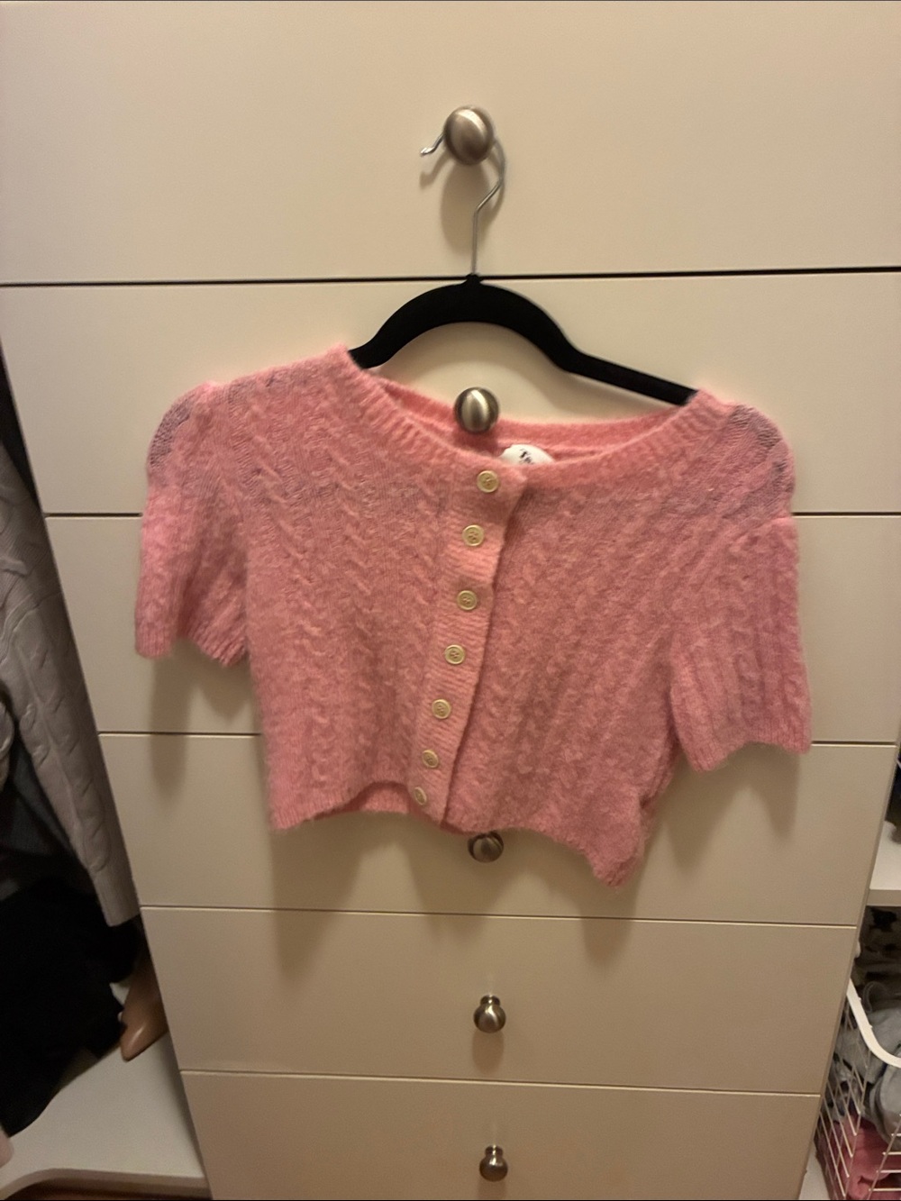 TACH Pink Fuzzy Cropped Button-Front Cardigan
